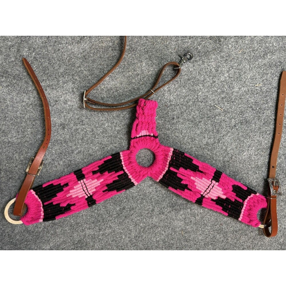 Pony Mohair Breast Collar Pink Black Woven Western Horse Tack Leather Straps - Picture 9 of 14